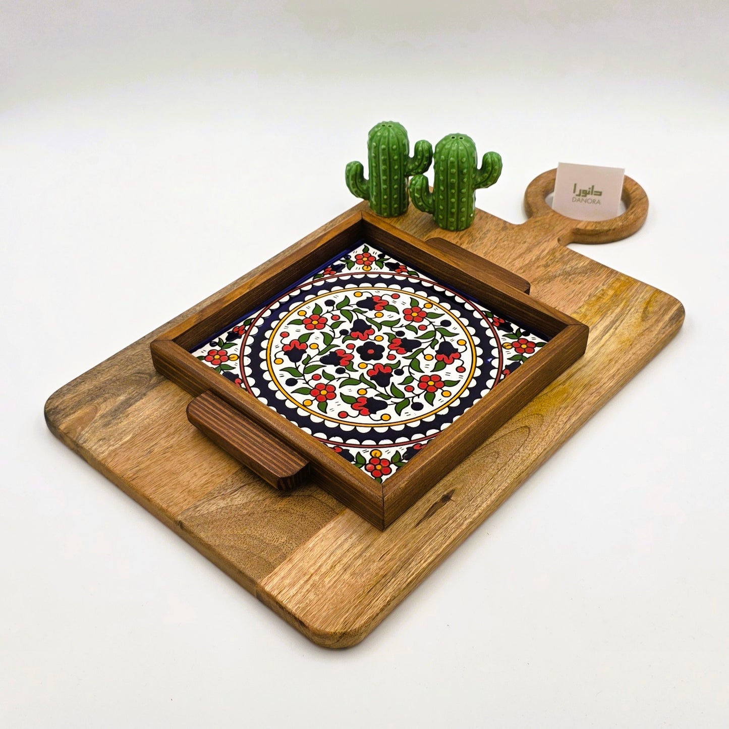 Wood-Framed Multicolor Floral Pattern Tray