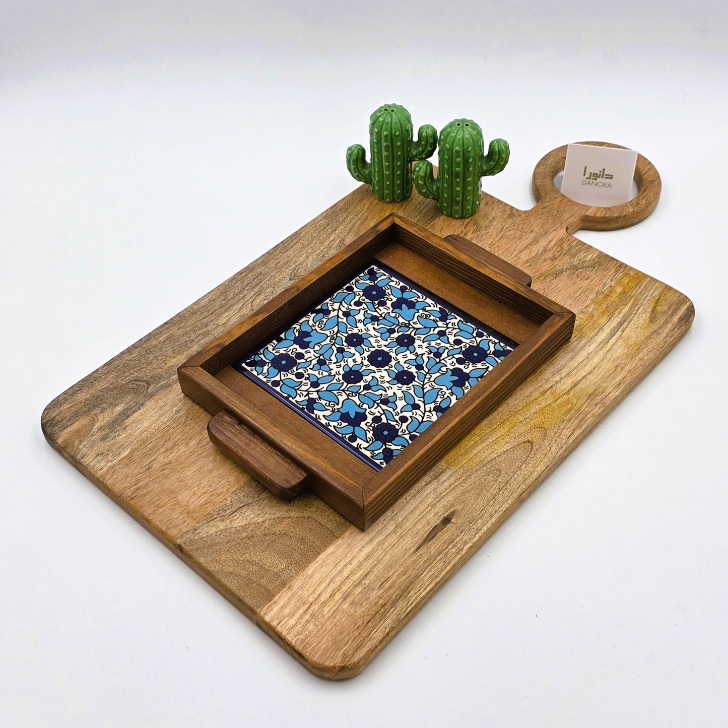 Wood-Framed Twin Blues Floral Tray