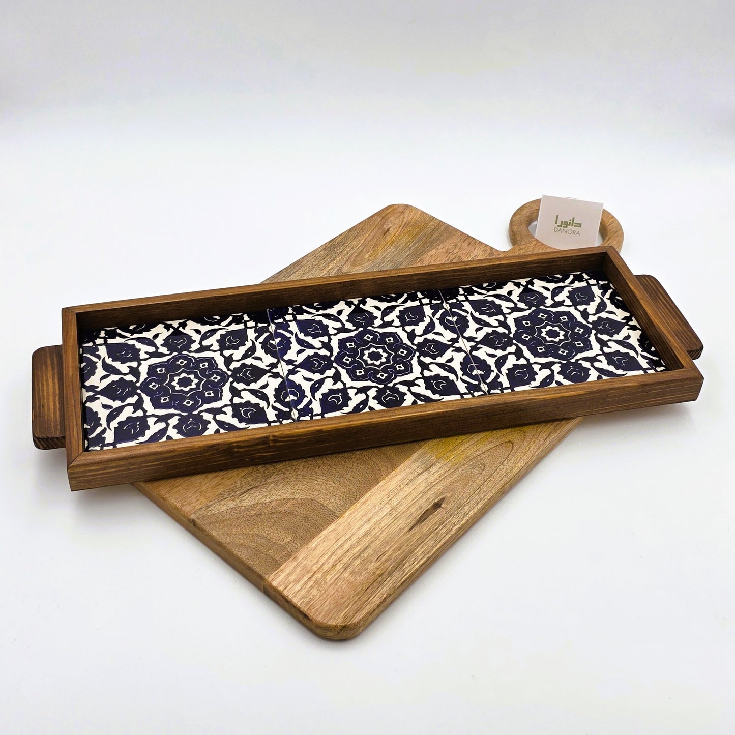 Wood-Framed Blue Andalusian Pattern Tray