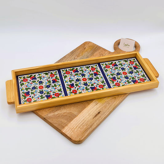 Wood-Framed Multicolor Floral Tray