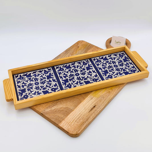 Wood-Framed Blue Floral Tray