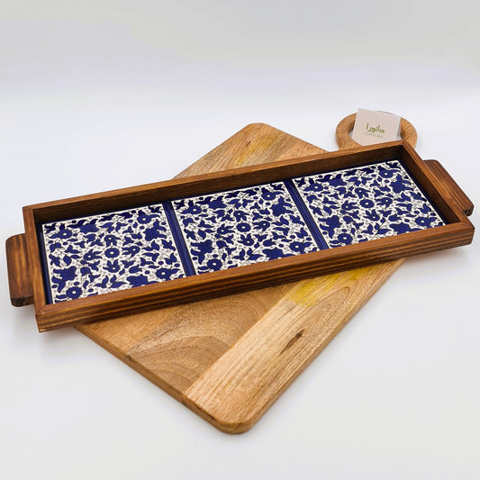 Wood-Framed Blue Floral Tray