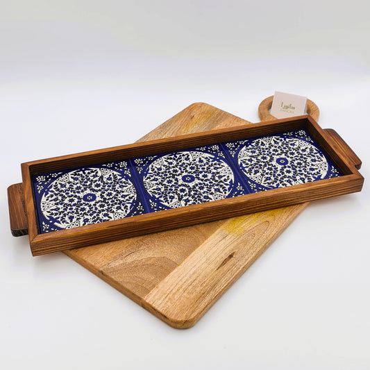 Wood-Framed Blue Turkish Pattern Tray