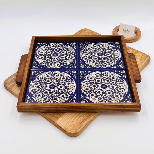 Wood-Framed Blue Turkish Pattern Tray