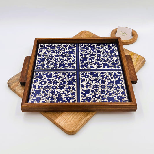 Wood-Framed Blue Floral Tray