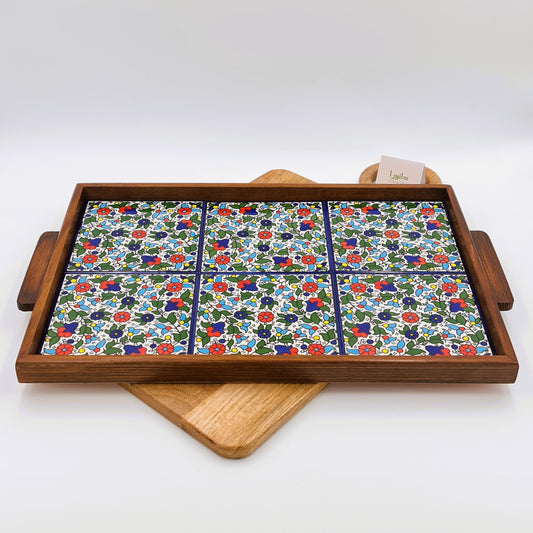 Wood-Framed Multicolor Floral Tray