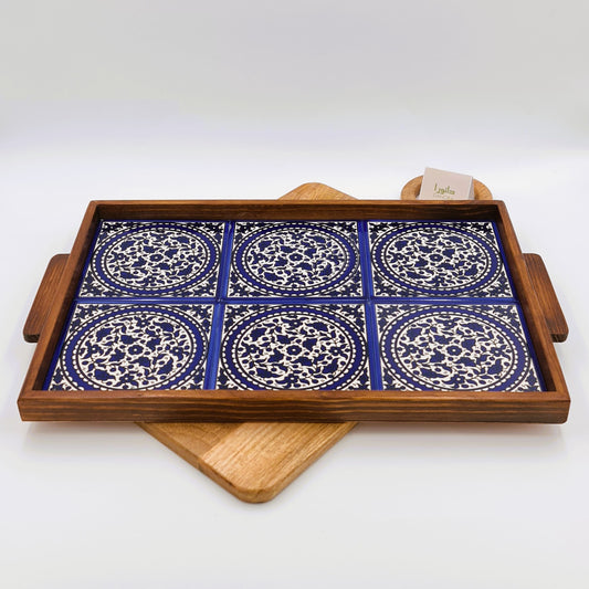 Wood-Framed Blue Floral Tray