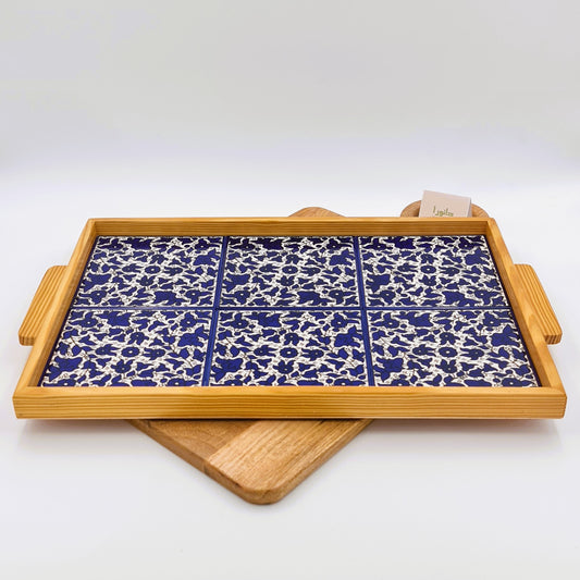 Wood-Framed Blue Floral Tray