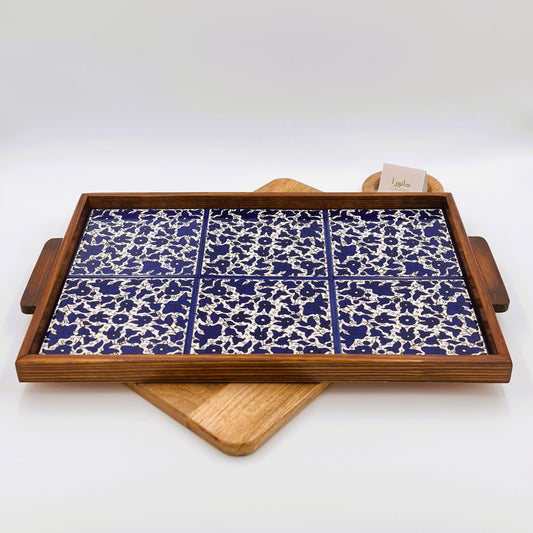 Wood-Framed Blue Floral Tray