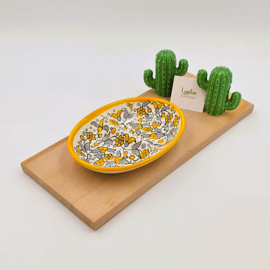 Yellow Floral Two-Section Oval Serving Plate