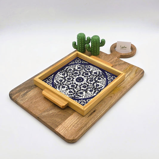 Wood-Framed Blue Turkish Pattern Tray