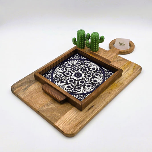 Wood-Framed Blue Turkish Pattern Tray