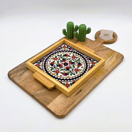 Wood-Framed Multicolor Floral Pattern Tray