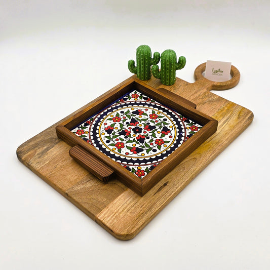 Wood-Framed Multicolor Floral Pattern Tray