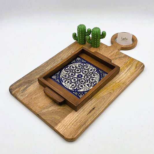 Wood-Framed Blue Turkish Pattern Tray