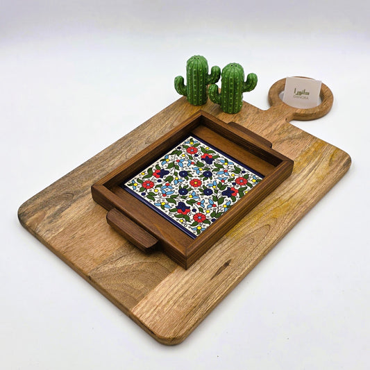 Wood-Framed Multicolor Floral Tray
