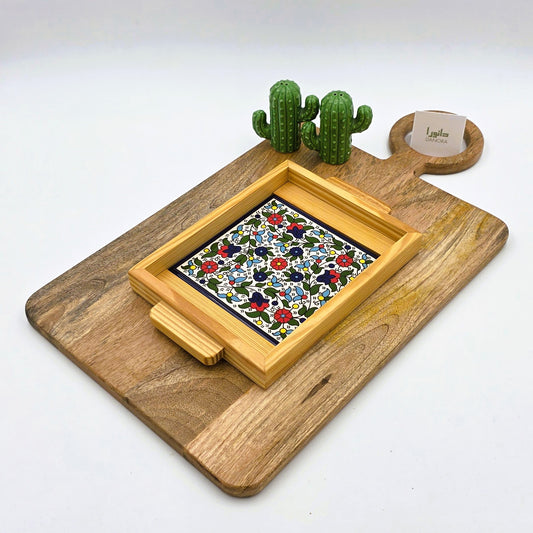 Wood-Framed Multicolor Floral Tray