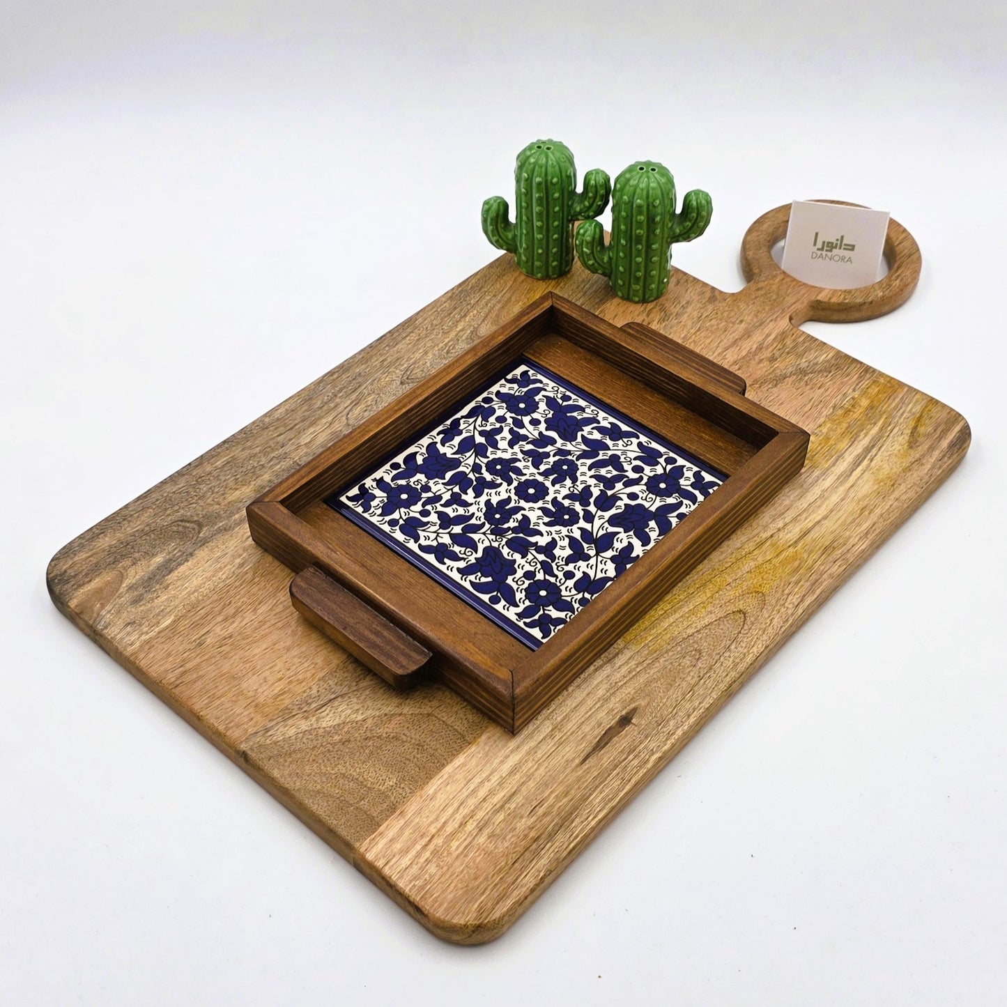 Wood-Framed Blue Floral Tray