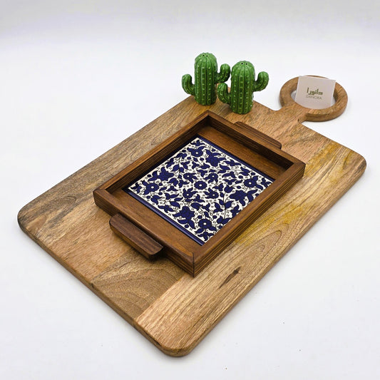 Wood-Framed Blue Floral Tray
