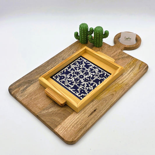 Wood-Framed Blue Floral Tray