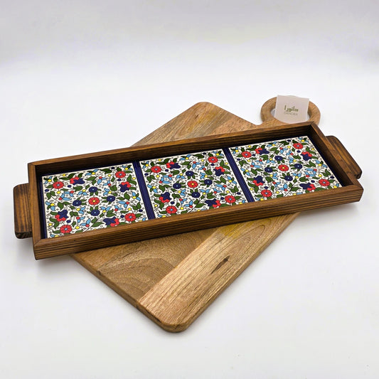 Wood-Framed Multicolor Floral Tray