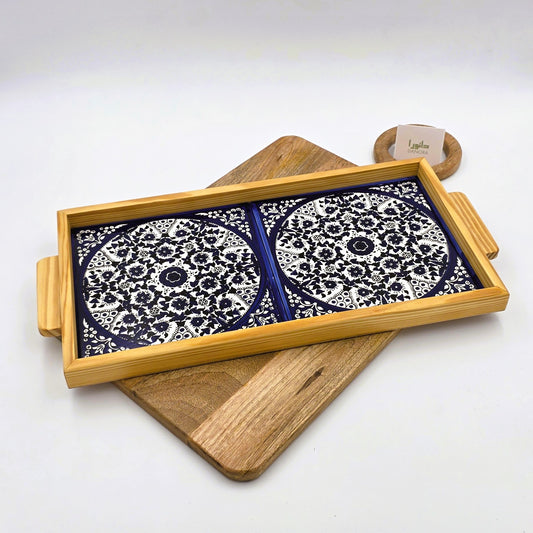 Wood-Framed Blue Turkish Pattern Tray