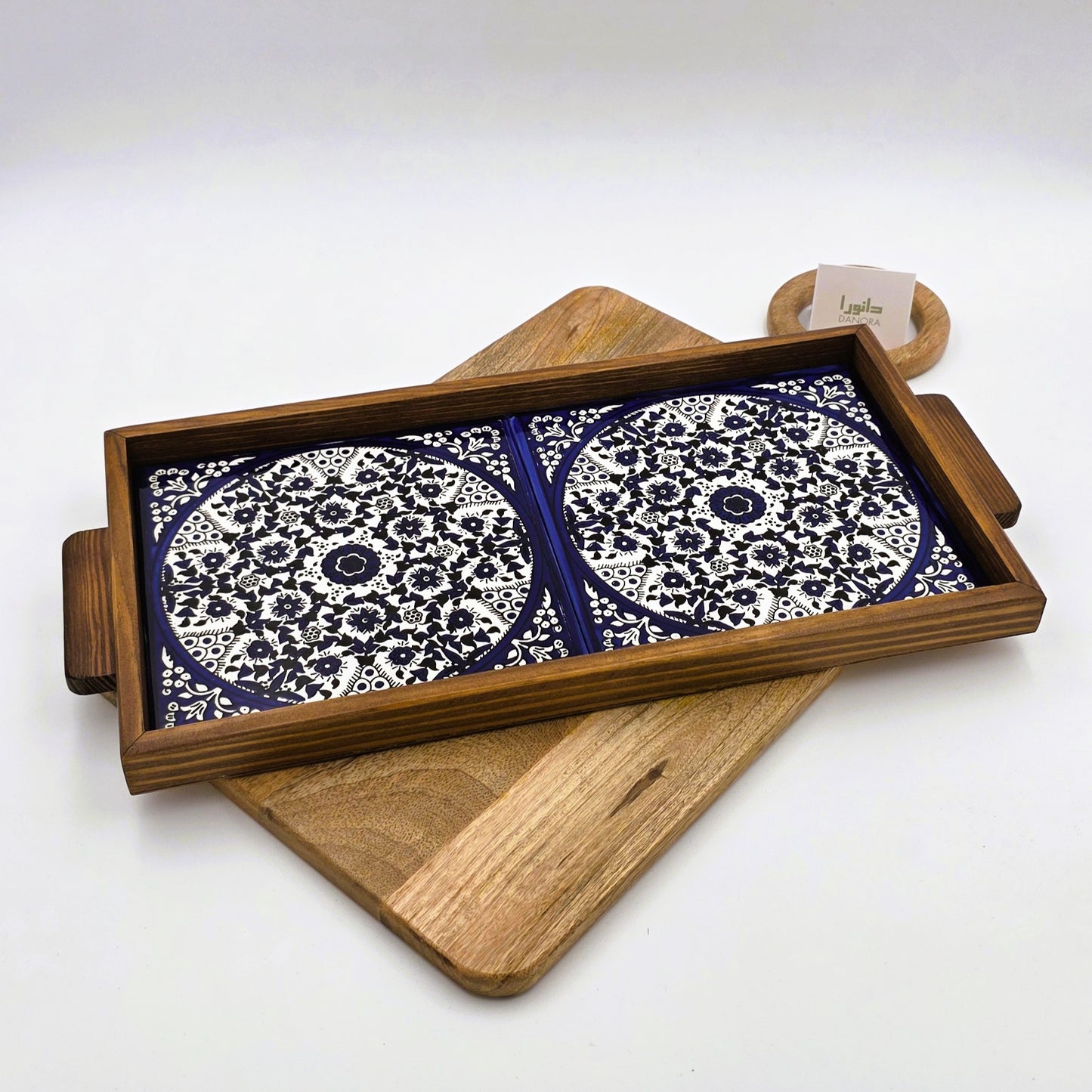 Wood-Framed Blue Turkish Pattern Tray