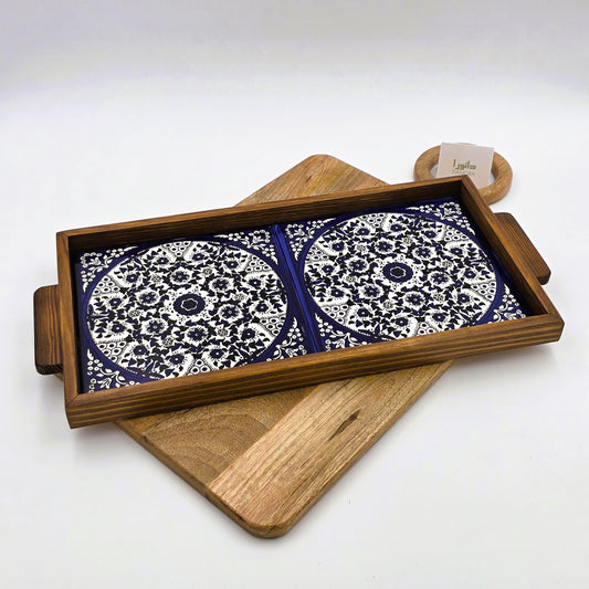 Wood-Framed Blue Turkish Pattern Tray