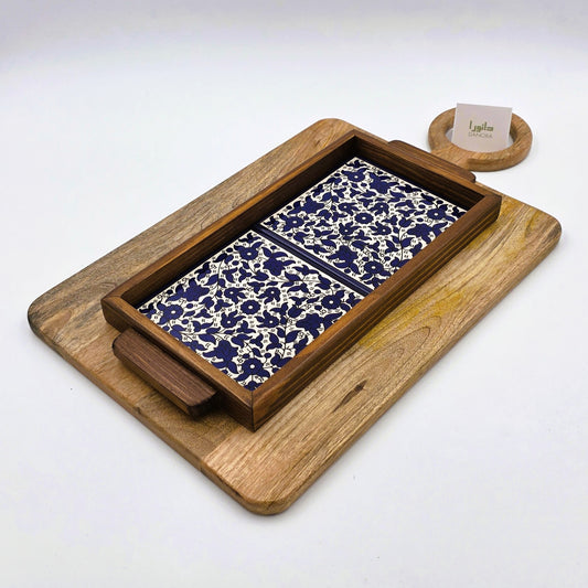 Wood-Framed Blue Floral Tray