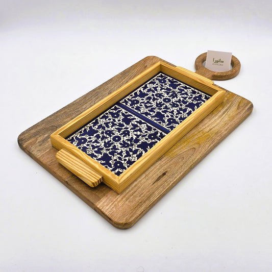 Wood-Framed Blue Floral Tray