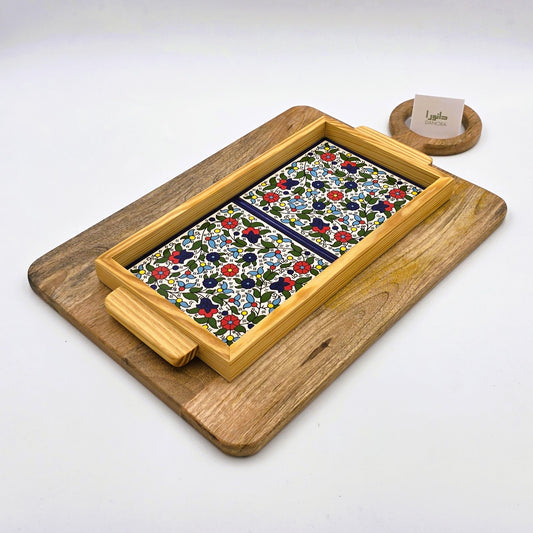 Wood-Framed Multicolor Floral Tray