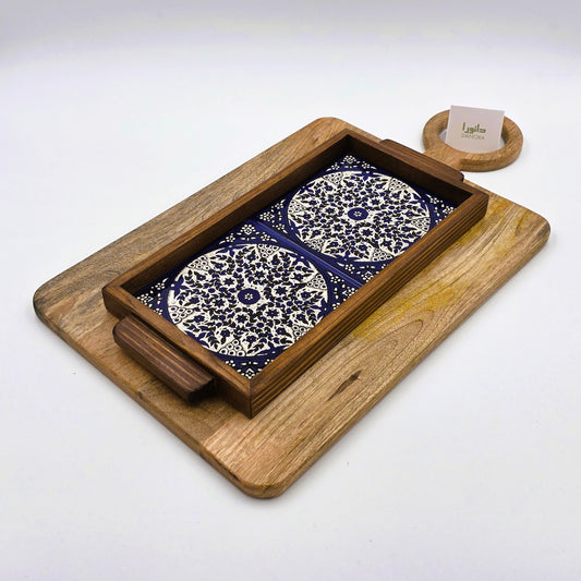 Wood-Framed Blue Turkish Pattern Tray
