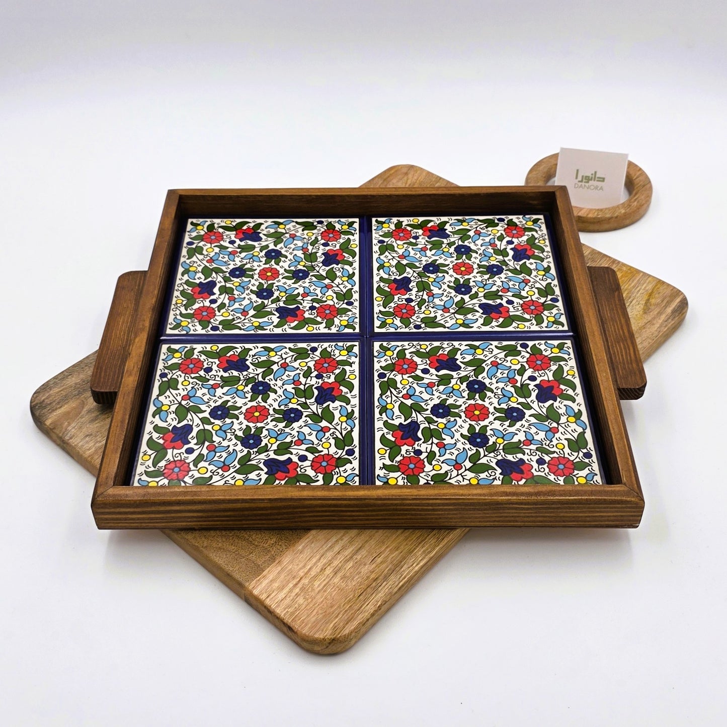 Wood-Framed Multicolor Floral Tray