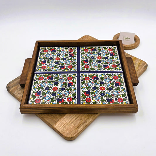 Wood-Framed Multicolor Floral Tray