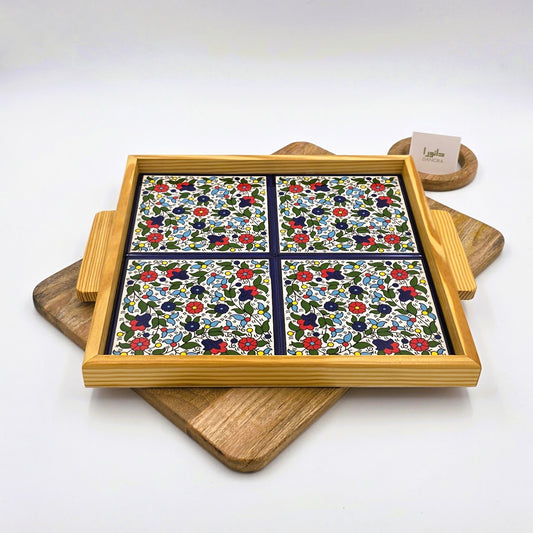 Wood-Framed Multicolor Floral Tray
