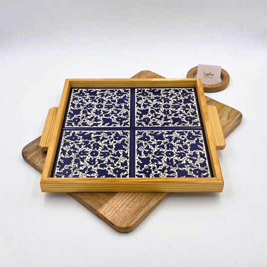 Wood-Framed Blue Floral Tray