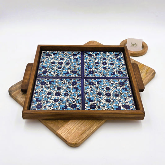 Wood-Framed Twin Blues Floral Tray